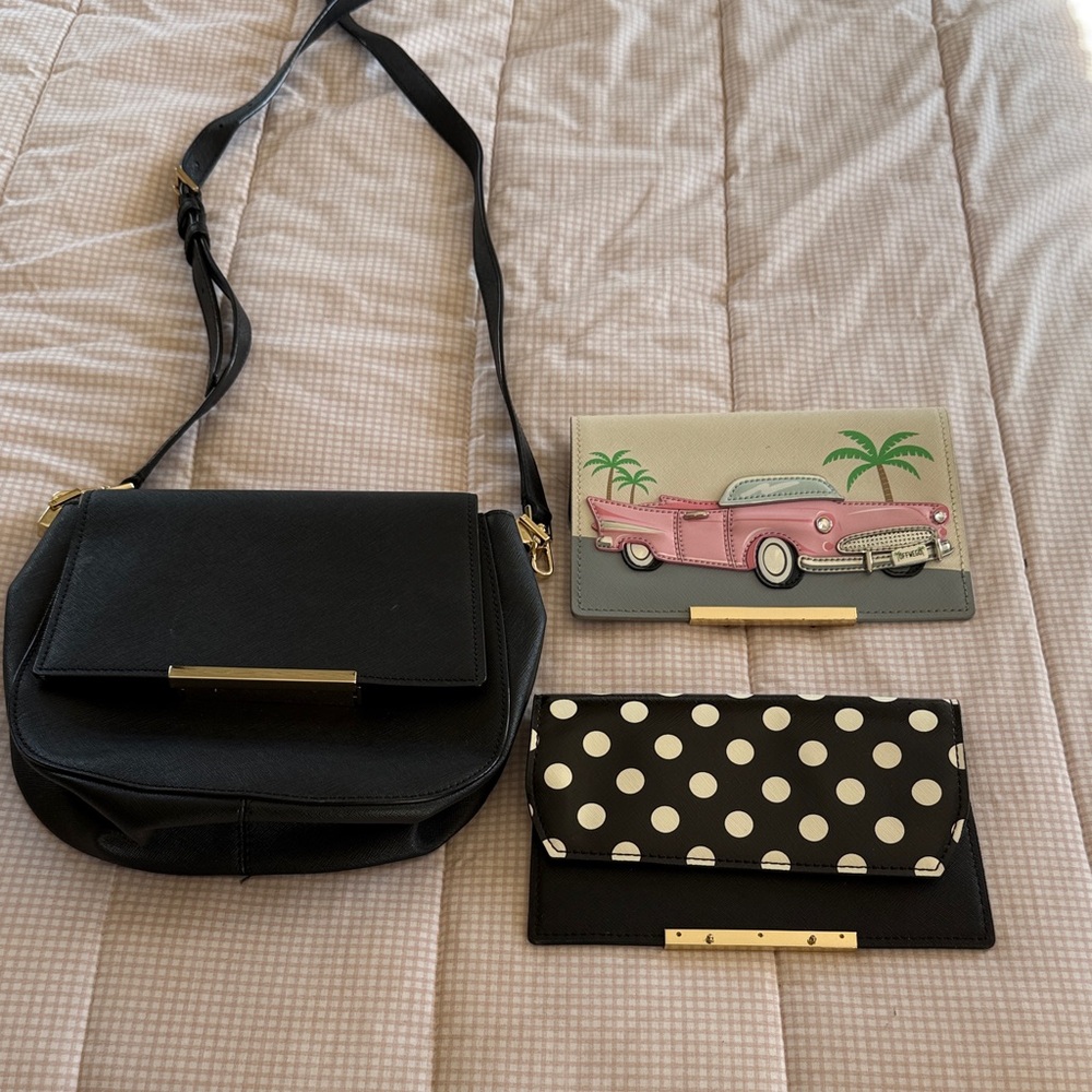 Kate Spade Black Crossbody Bag with Pink Car and Polka Dot Wallets